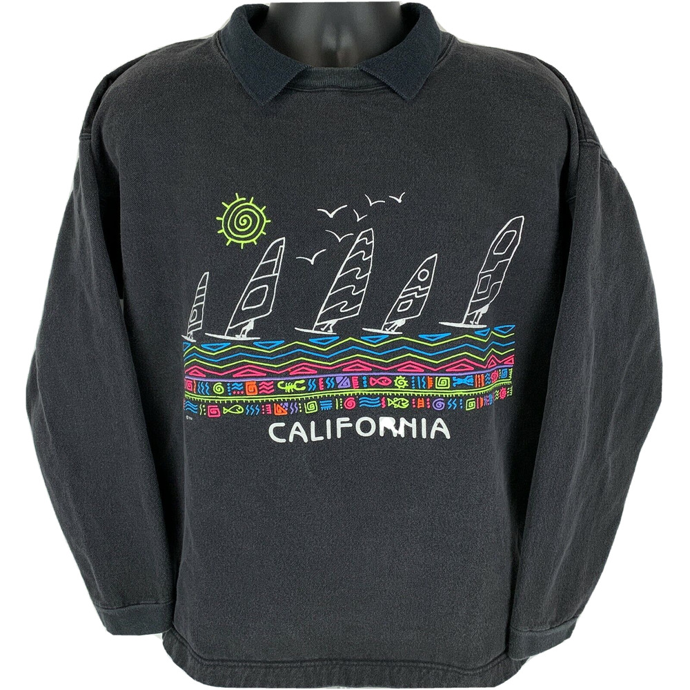 Vintage 80s California Windsurfing Polo Sweatshirt Made In USA Black L Large